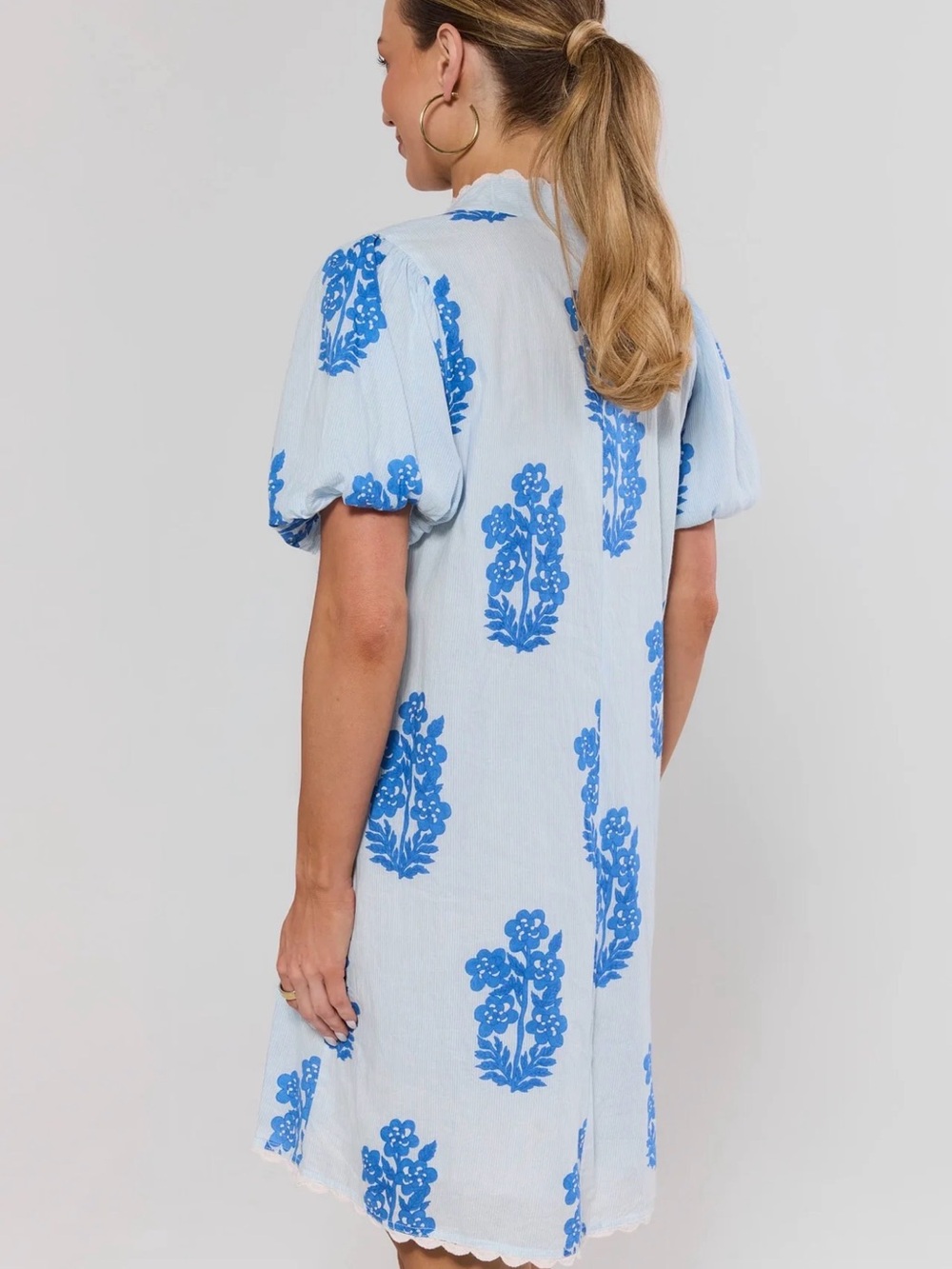 Blue Floral Mini Dress with Scalloped V-Neck - Picture 4 of 9